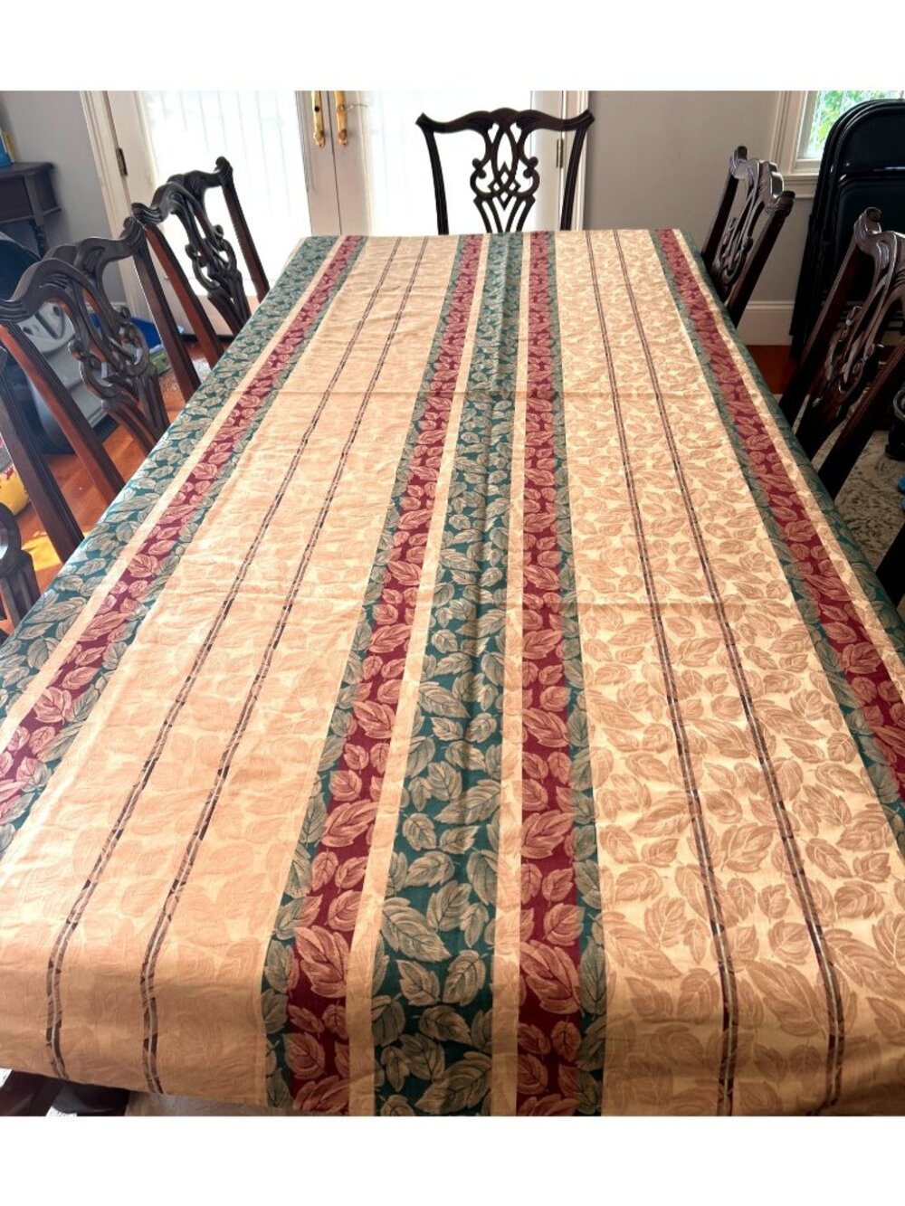 Vintage 90s Fall Leaves Tablecloth 60x95 Gold Teal Burgundy Autumn Decor